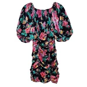 For Love & Lemons Black Rose Floral Puff Sleeve Satin Cocktail Mini Dress XS